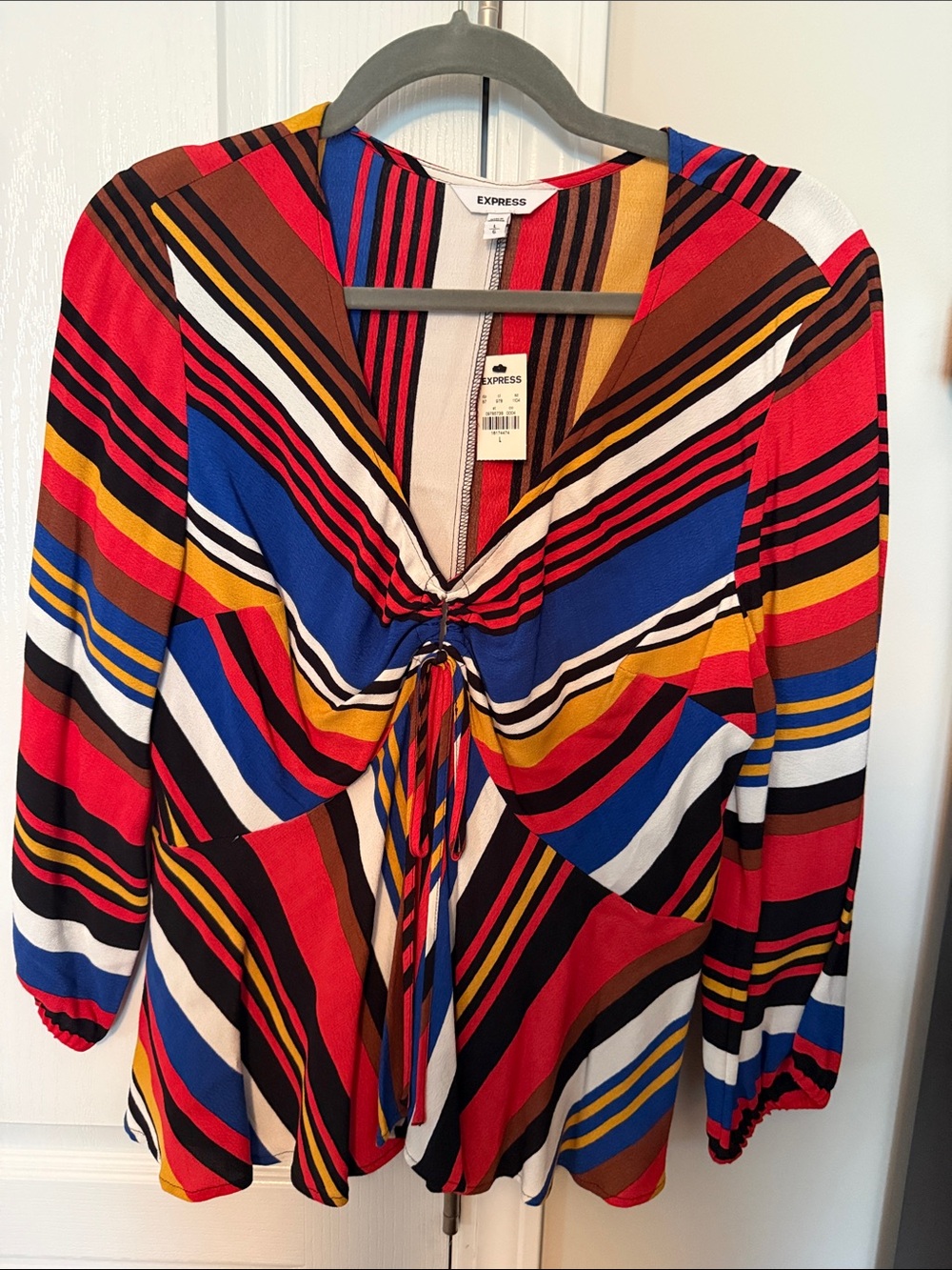 Express Striped Tie-Front Blouse - Red, Blue, Yellow, Brown, White